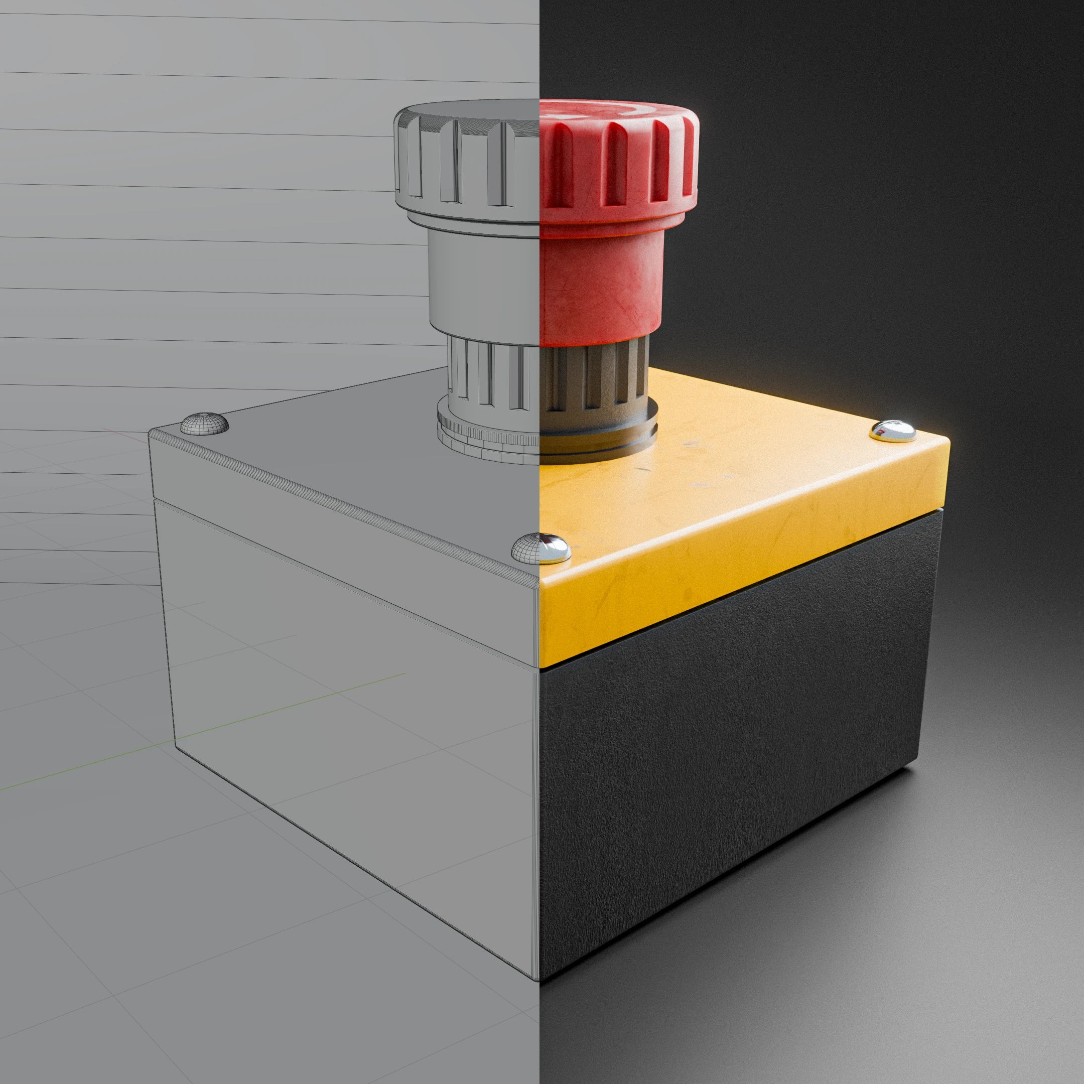 serices 3D modeling split view of a switch with and without textures/lighting
